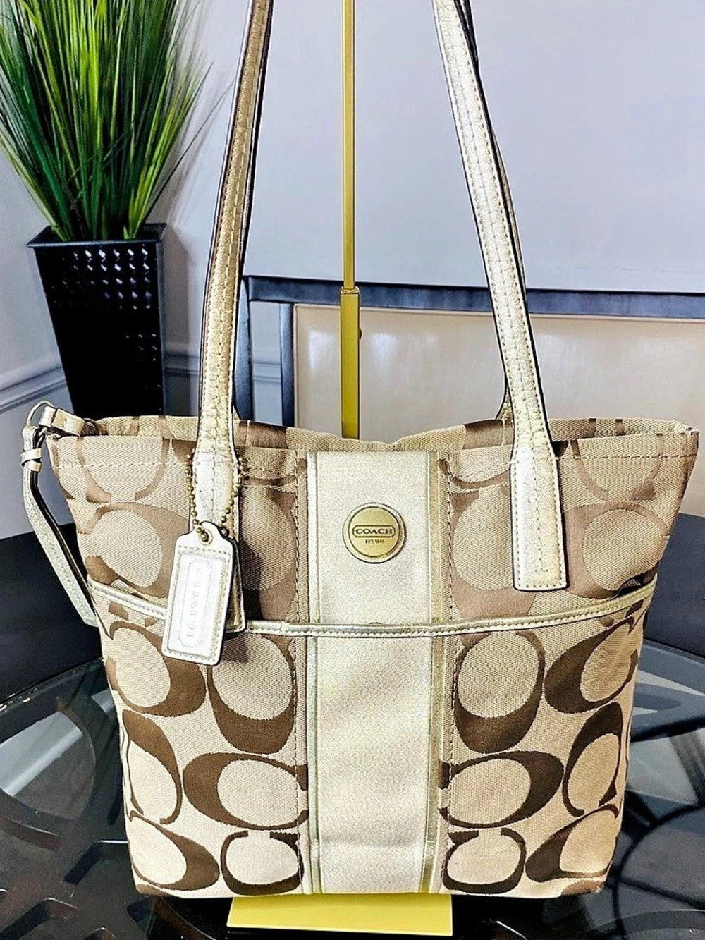 COACH Signature Stripe Tote Bag Khaki Jacquard Gold Metallic Leather Trim